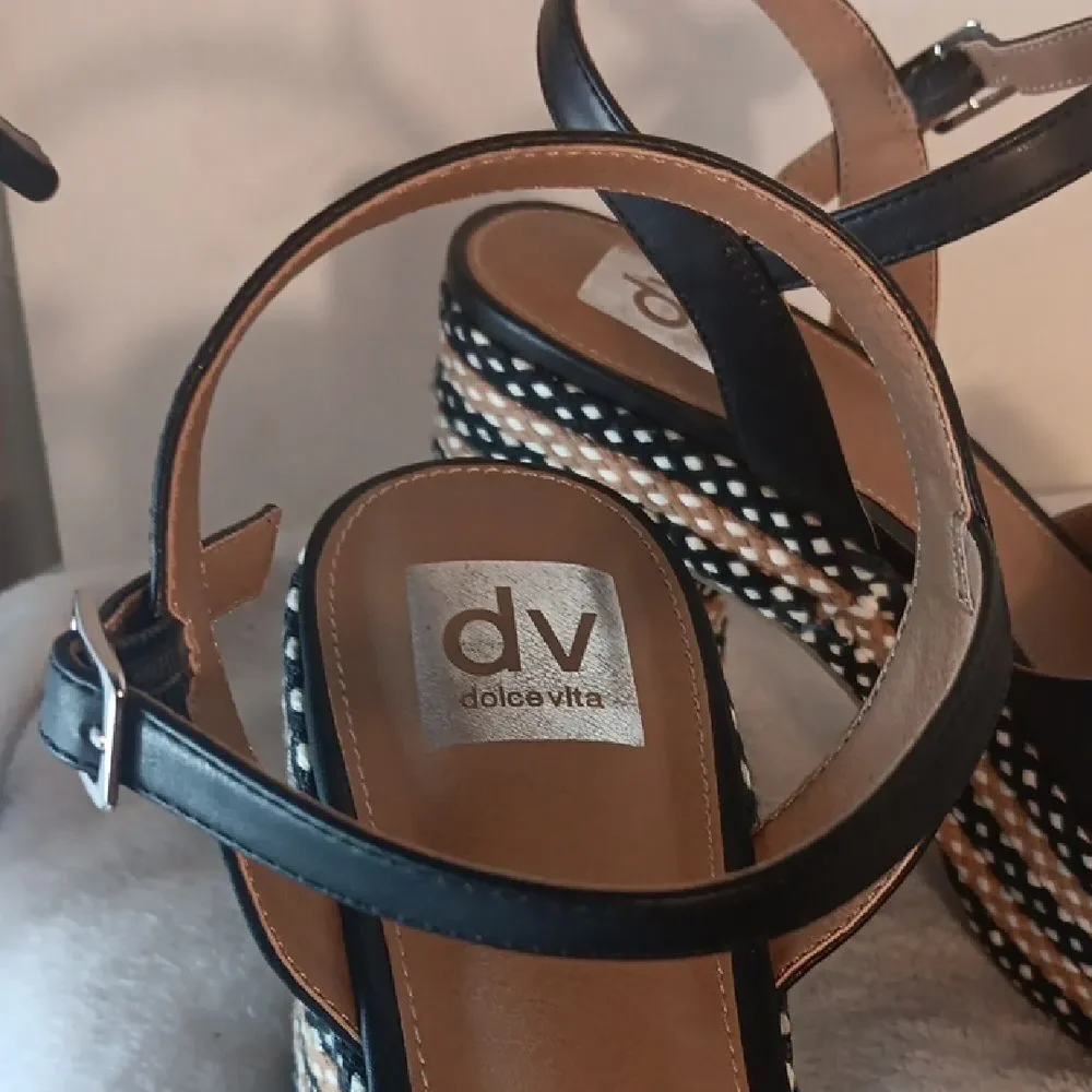 Dolce Vita Black Platform Sandals with Woven Tan & White Trim